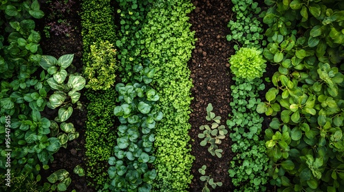 Urban green space with soil exhibiting moisture retention, various plant species, micro-ecosystem, urban biodiversity, detailed textures, and colors.  photo