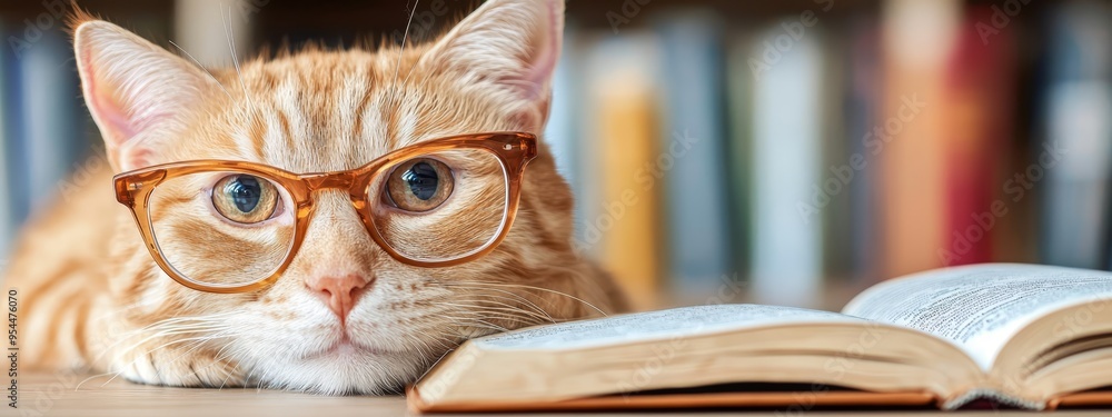 A tight shot of a feline donning spectacles, gazing at an open book on a nearby table Bookshelf behind A tight shot of a feline donning spectacles, gazing at an open book on a nearby table Bookshelf behind