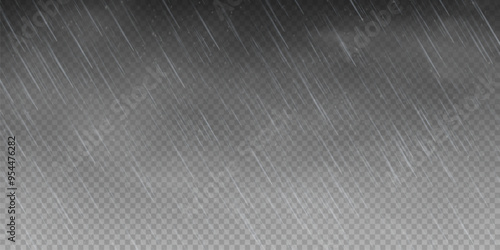 Raindrops on transparent background. Storm with rain and white cloud isolated on transparent background. Downpour, hail rainy weather. Rain and snow, rain and hail png.