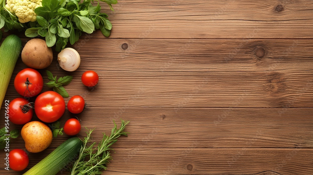 Fresh Harvest: A rustic wooden table is adorned with a bountiful array of fresh vegetables, creating a vibrant and inviting scene. This photo is perfect for showcasing healthy eating, farm-to-table Fresh Harvest: A rustic wooden table is adorned with a bountiful array of fresh vegetables, creating a vibrant and inviting scene. This photo is perfect for showcasing healthy eating, farm-to-table