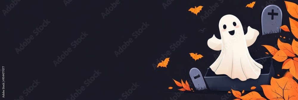 Minimalist Halloween Design with Ghost, Coffin, and Tombstones on Dark Background for Campaign Text Space Minimalist Halloween Design with Ghost, Coffin, and Tombstones on Dark Background for Campaign Text Space