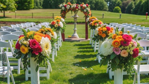 flowers decorations during outdoor wedding ceremonian photo