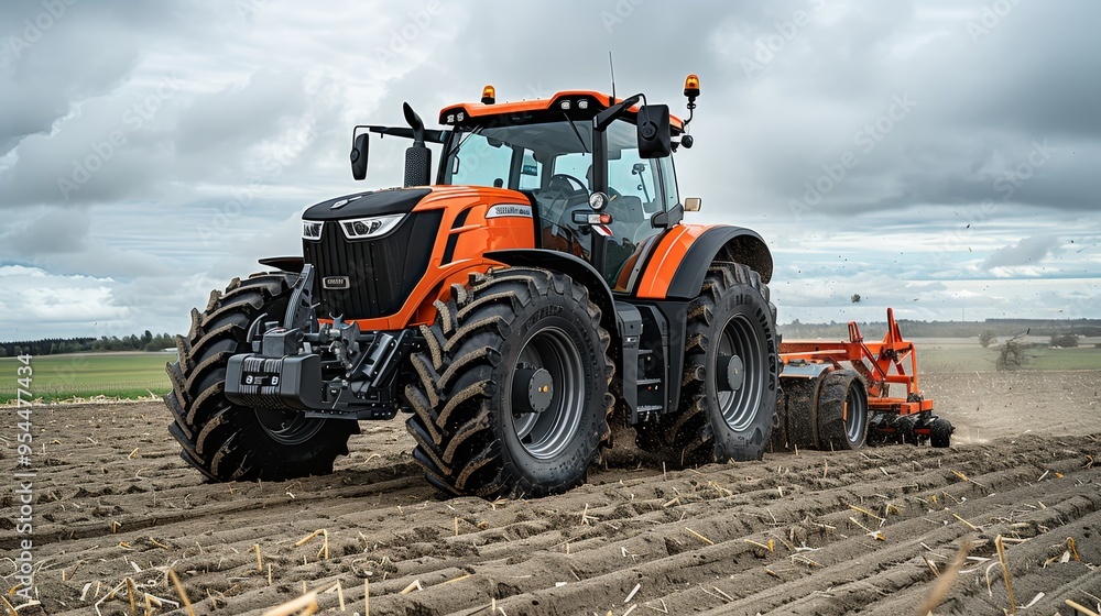 Obraz premium Orange and black tractor plowing field under cloudy sky, capturing rural agriculture scene