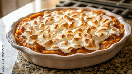 Sweet Potato Casserole with Toasted Marshmallow Topping in a Ceramic Dish
