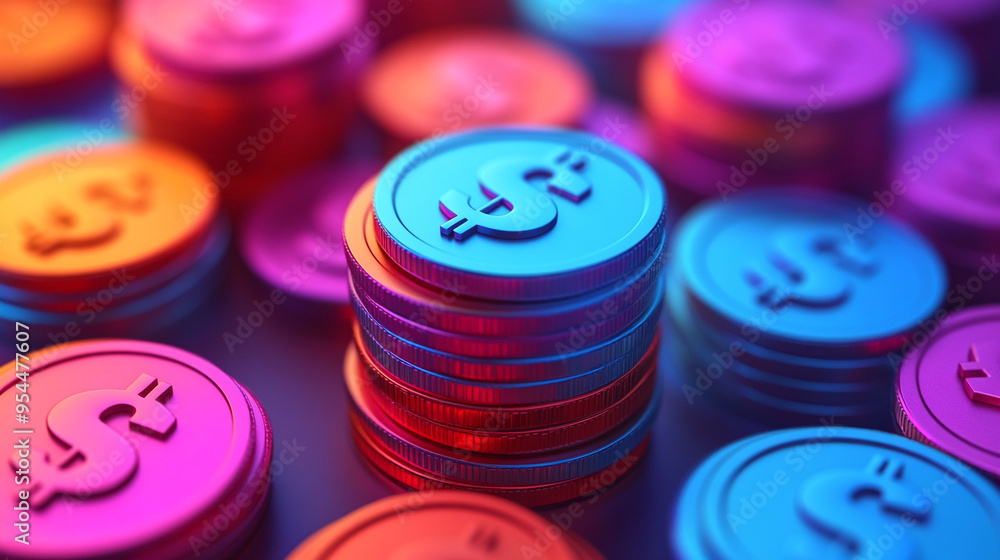 Colorful coins stacked together, showcasing vibrant hues of blue, orange, and pink, symbolizing currency and wealth. Colorful coins stacked together, showcasing vibrant hues of blue, orange, and pink, symbolizing currency and wealth.