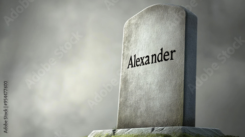 Weathered Tombstone with the Name Alexander in a Misty Graveyard