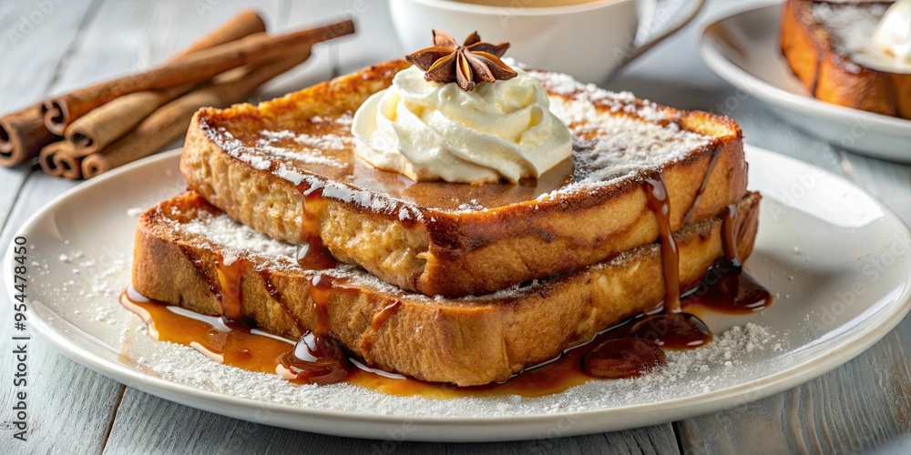 Cinnamon-sprinkled French toast, fresh out of the oven, sits on a crisp, white plate, with a dollop of whipped cream and a drizzle of syrup, warm and inviting, a realistic photo image. Cinnamon-sprinkled French toast, fresh out of the oven, sits on a crisp, white plate, with a dollop of whipped cream and a drizzle of syrup, warm and inviting, a realistic photo image.