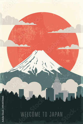 Japan retro poster with abstract shapes of mount, volcano. Asian vintage travel vector illustration, postcard