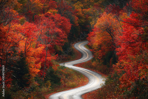 A winding road through vibrant autumn foliage, showcasing the beauty of nature in fall.
