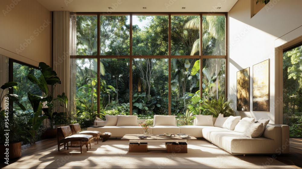 Ultra-realistic modern living room with double-height ceilings, large windows showcasing Ultra-realistic modern living room with double-height ceilings, large windows showcasing