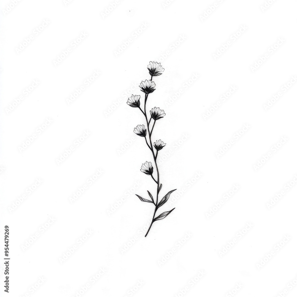 Minimalist Line Drawing of a Flower Stem with White Flowers Minimalist Line Drawing of a Flower Stem with White Flowers