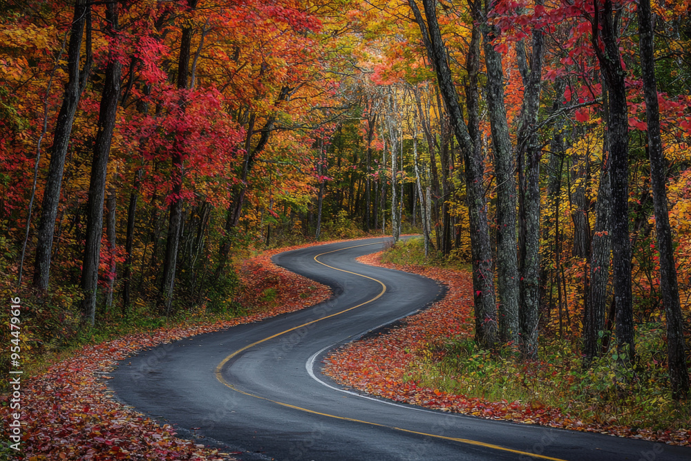 Fototapeta premium A winding road through vibrant autumn foliage, showcasing the beauty of fall colors in a serene landscape.