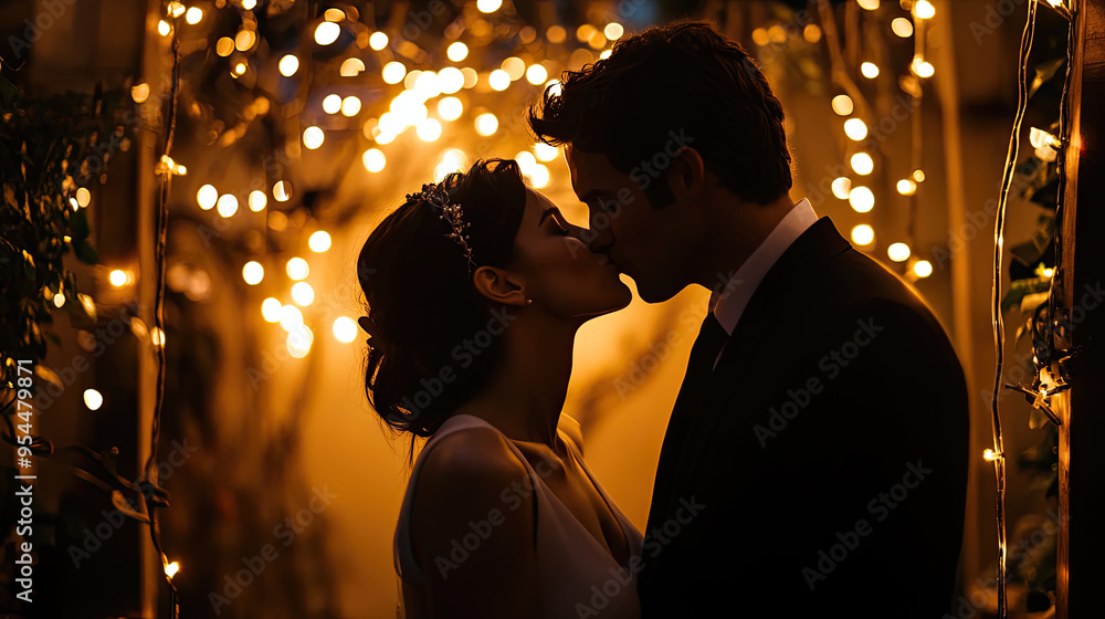Romantic Newlyweds Kissing Under Soft String Lights at Night Romantic Newlyweds Kissing Under Soft String Lights at Night