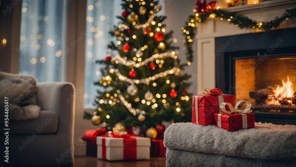 Christmas tree and holidays present on fireplace background Christmas tree and holidays present on fireplace background