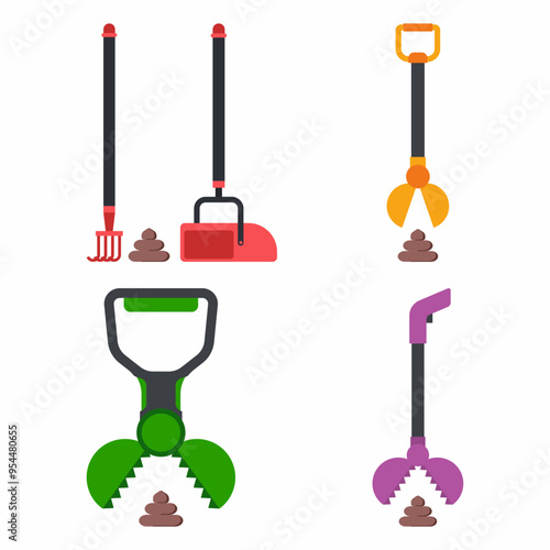 Dog pooper scoopers vector cartoon set isolated on a white background.