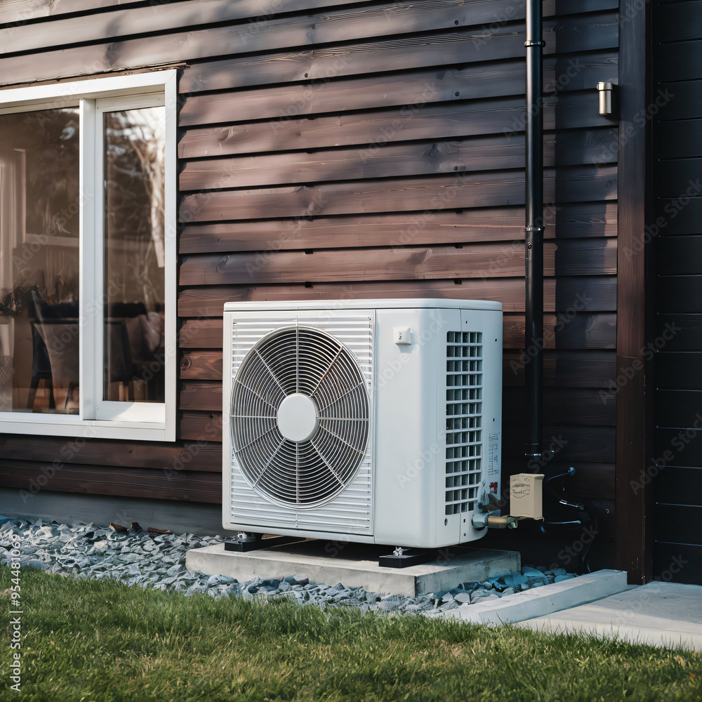 Energy-Efficient Heat Pump on Modern Wooden House Exterior Energy-Efficient Heat Pump on Modern Wooden House Exterior