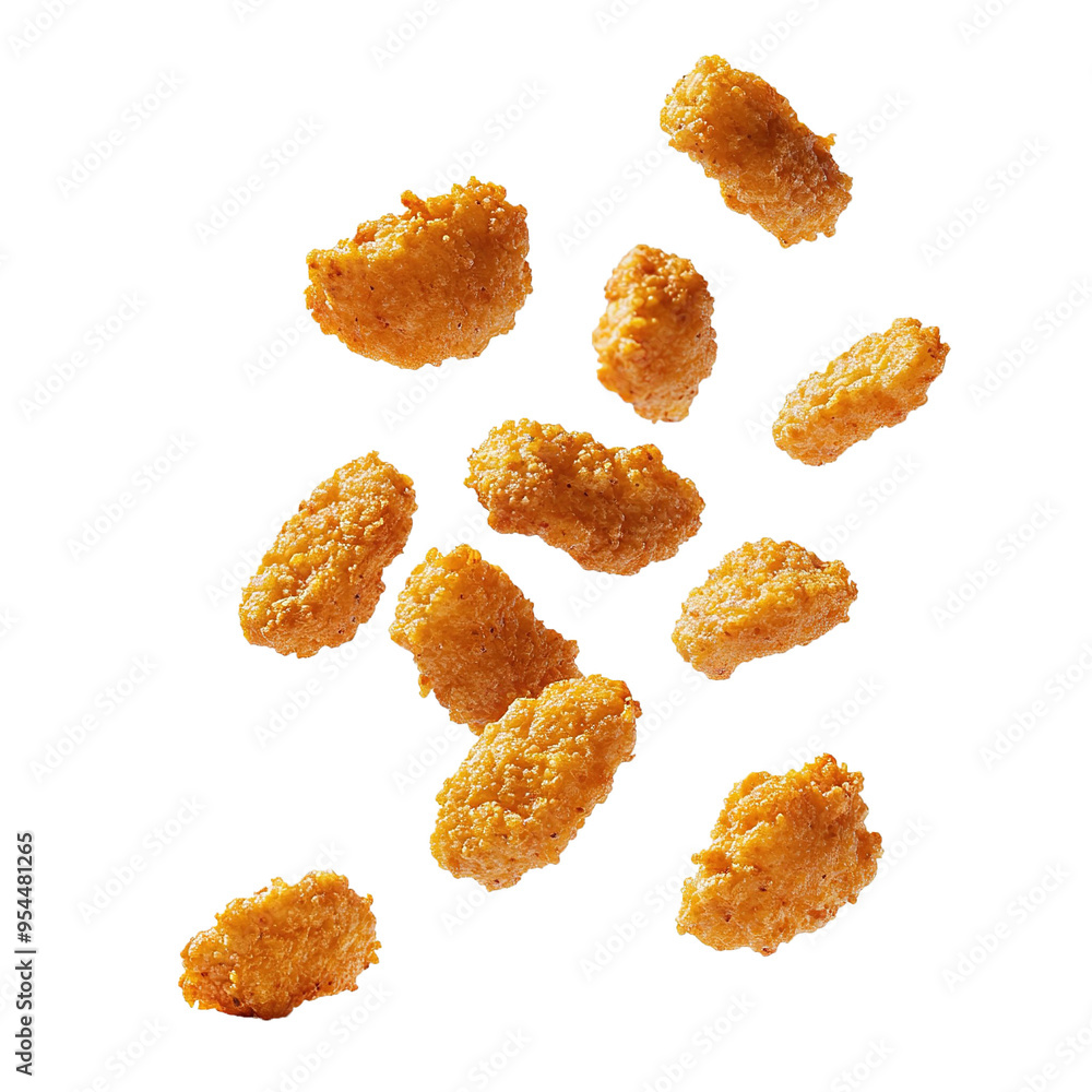 Chicken popcorn falling in the air, deep fried golden brown crunchy chicken, isolated on white background. Chicken popcorn falling in the air, deep fried golden brown crunchy chicken, isolated on white background.