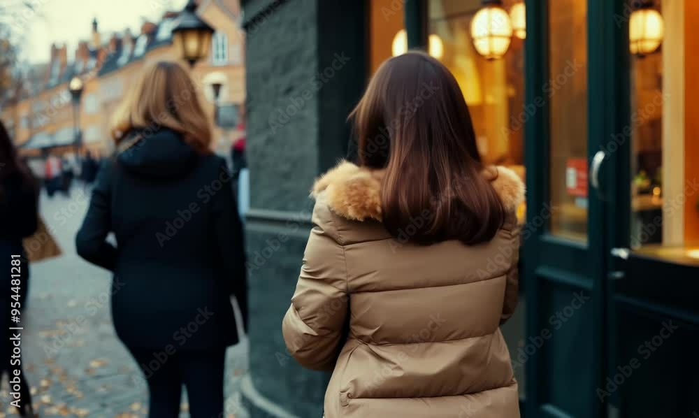 British Woman Picking Up Takeout Order Outside Restaurant British Woman Picking Up Takeout Order Outside Restaurant