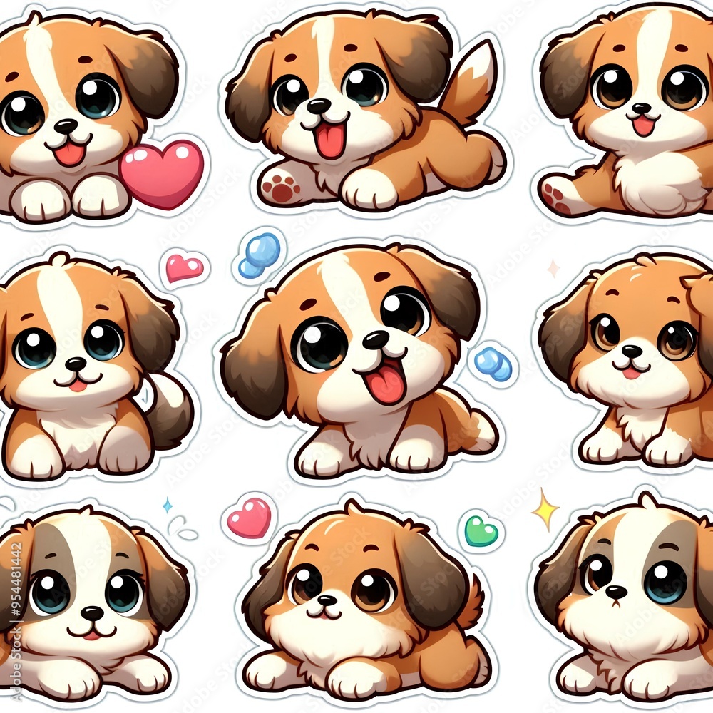 Adorable and expressive cartoon-style puppies Each sticker showcases a lovable dog breed in a playful mood.
