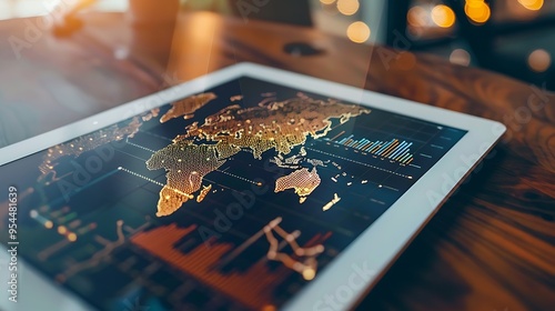 A world map on a digital tablet showing real-time global trade statistics.