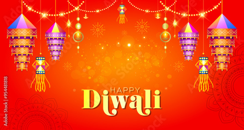 Diwali festive background. Indian traditional lights decoration lantern sparkle fire cracker paper frills and ethnic floral on red background.