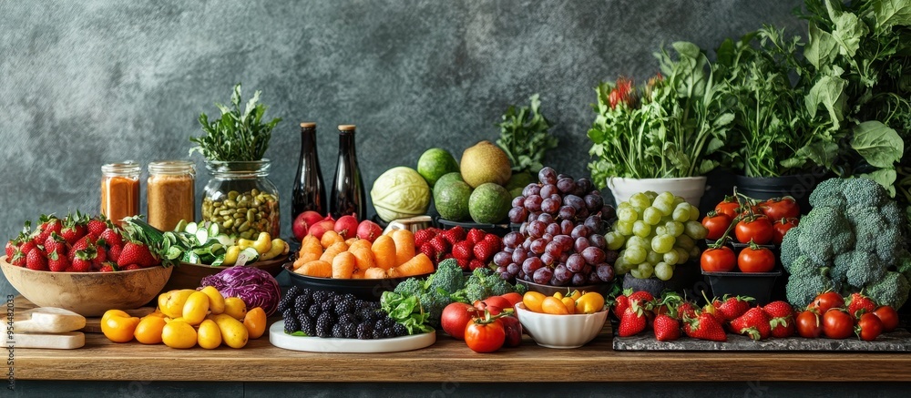 Fresh Organic Fruits and Vegetables Displayed on Wooden Table Against Rustic Background Fresh Organic Fruits and Vegetables Displayed on Wooden Table Against Rustic Background