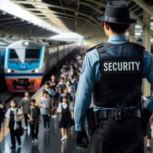 A security guard dressed in uniform is ensuring safety on a busy train station platform, projecting authority and vigilance as trains and passengers bustle in the background.