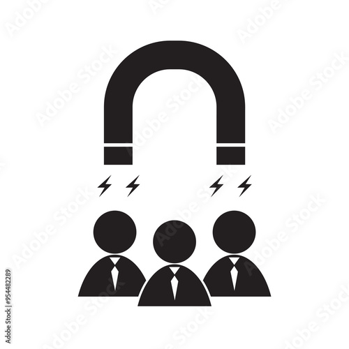 Magnet attracting potential client, icon, banner template. Retention employee people in business company, black silhouette, icon. Leader attract user or customer,