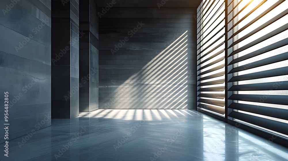 Obraz premium Modern Architecture Interior Design with Sunbeams Streaming Through Blinds - Minimalist Empty Room 3D Rendering.