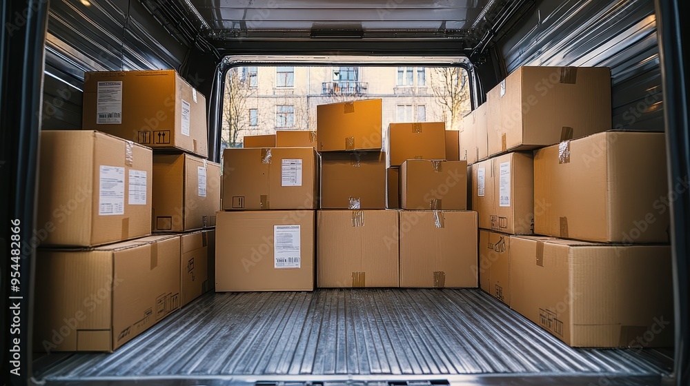 Cardboard Boxes Stacked in Delivery Van for Shipping and Moving Services in Urban Area Cardboard Boxes Stacked in Delivery Van for Shipping and Moving Services in Urban Area