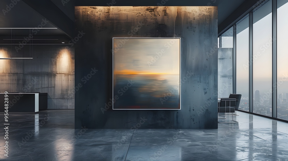 Modern Office Interior with Concrete Wall, Abstract Painting, and City View - Minimalist Design Concept. Modern Office Interior with Concrete Wall, Abstract Painting, and City View - Minimalist Design Concept.