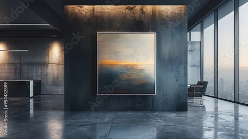 Modern Office Interior with Concrete Wall, Abstract Painting, and City View - Minimalist Design Concept.