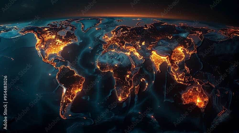 A world map with highlighted economic zones and trade routes. A world map with highlighted economic zones and trade routes.