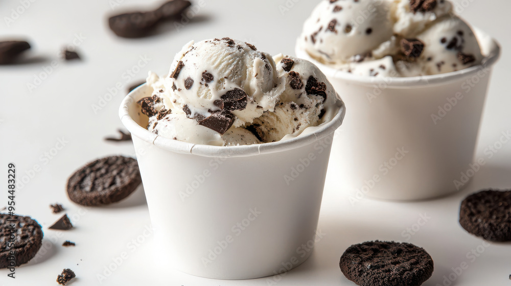 White paper cups filled with cookies and cream ice cream, showing the realistic texture White paper cups filled with cookies and cream ice cream, showing the realistic texture