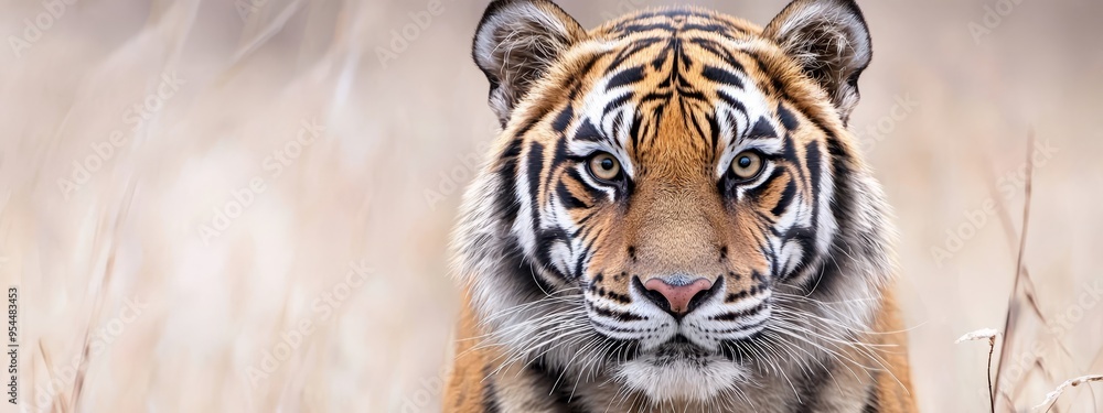 A tight shot of a tiger's face amidst tall grass, with the background blurred by towering blades A tight shot of a tiger's face amidst tall grass, with the background blurred by towering blades