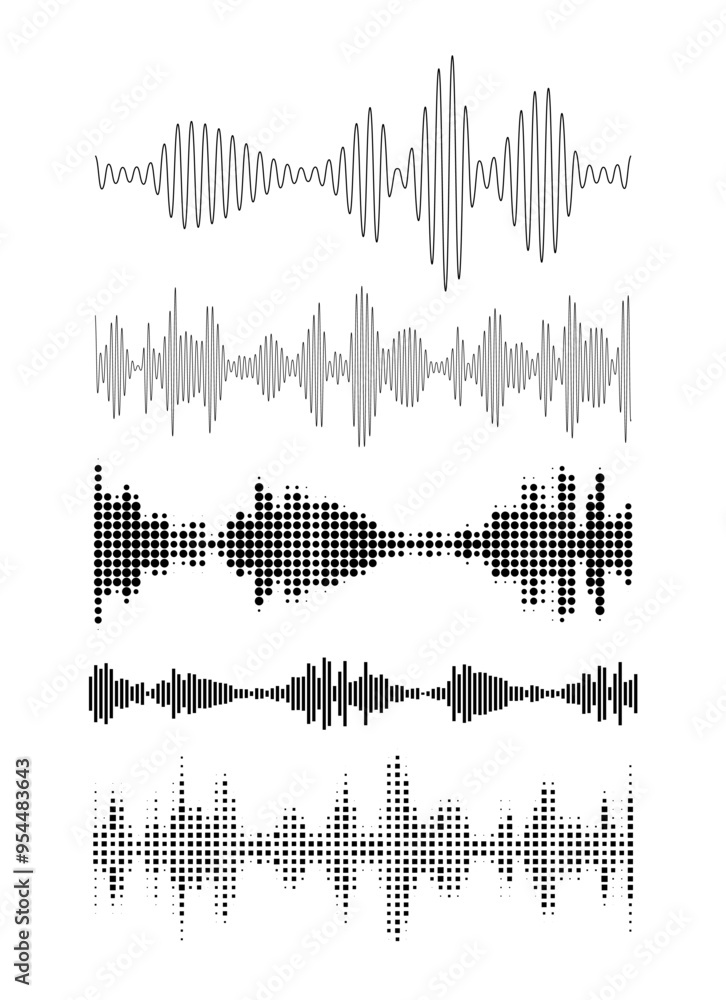 Sound pulsing lines and waves vector set, audio impulse signal, music sound equalizer, radio frequency chart line, pixel Sound pulsing lines and waves vector set, audio impulse signal, music sound equalizer, radio frequency chart line, pixel