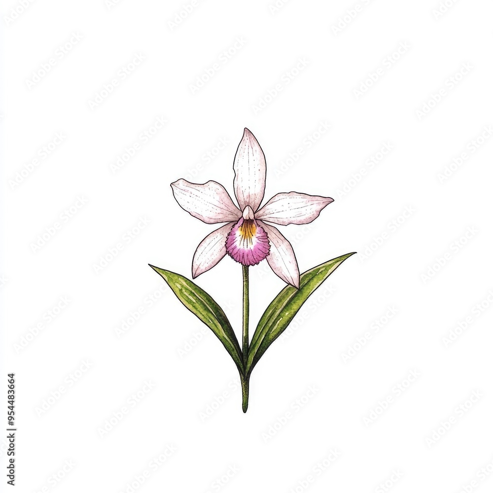 Single White Orchid Flower with Green Leaves Single White Orchid Flower with Green Leaves