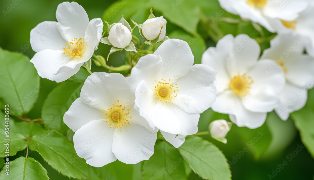 Obraz premium Close-up of delicate white wild roses in full bloom with green leaves in a garden