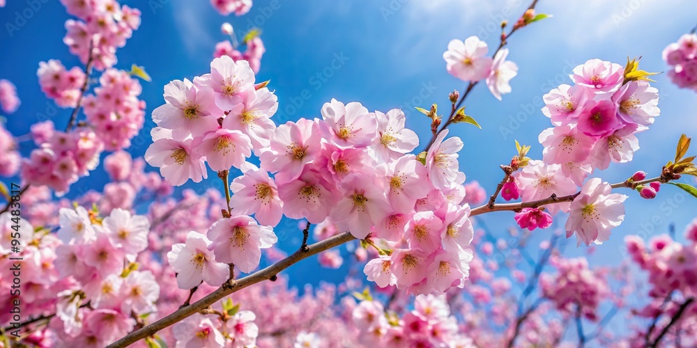 Baby pink cherry blossoms bloom, set against a clear blue sky, with a wide-angle lens, capturing their delicate beauty, a realistic photo image. Baby pink cherry blossoms bloom, set against a clear blue sky, with a wide-angle lens, capturing their delicate beauty, a realistic photo image.