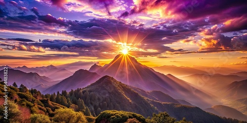 â€¢ Sun-kissed by the warm glow of sunset, an 'Eggplant Purple' mountain range stretches towards an ethereal, dreamy horizon, imbuing emotions of hope and optimism ', a realistic photo image. photo