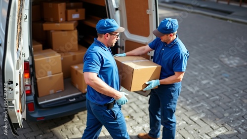 Delivery Professionals Unload Cargo, Two delivery personnel in blue uniforms and matching hats carefully unload stacked boxes from a delivery van onto a brick sidewalk. 