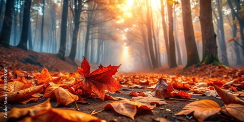 Orange red fall leaves scattered on a misty forest floor, taken from a worm's eye view, soft natural light, evoking feelings of coziness and nostalgia, a realistic photo image.