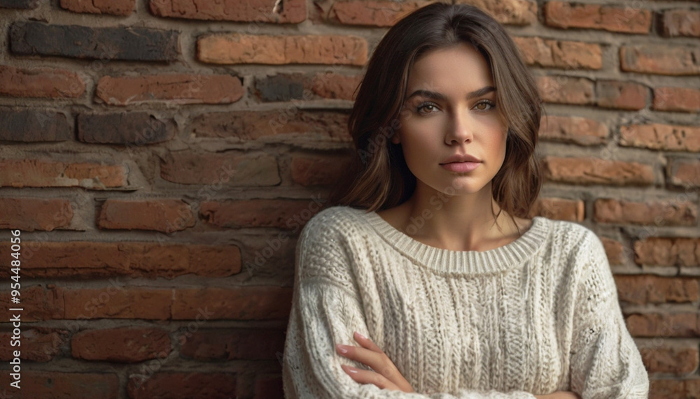 Stylish Caucasian young pretty brunette woman in white knitted sweater stands near brick wall and looks into the distance. Stylish Caucasian young pretty brunette woman in white knitted sweater stands near brick wall and looks into the distance.