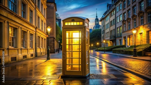 A canary yellow phone booth stands alone on a quiet city street, captured from a straight-on angle, soft evening light, exuding nostalgia, a realistic photo image. #954484418