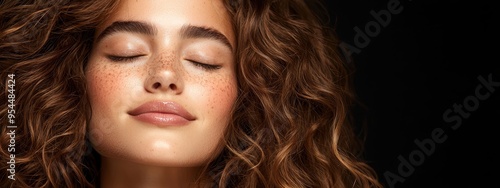  A tight shot of a woman's face adorned with freckles dotting her skin, her eyes gently shut