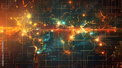 A world map with highlighted economic zones and trade routes.