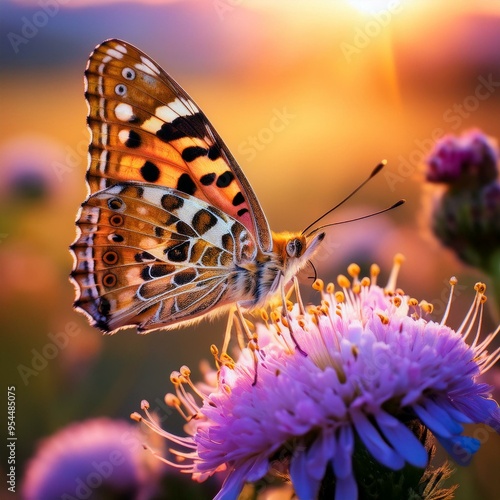 butterfly on a flower,Leopard Butterfly Close-Up Collecting Nectar on Wild Flowers in Daylight, Vibrant Macro Nature Photography, Delicate Beauty and Tranquility in Blooming Meadow,butterfly, insect,  photo