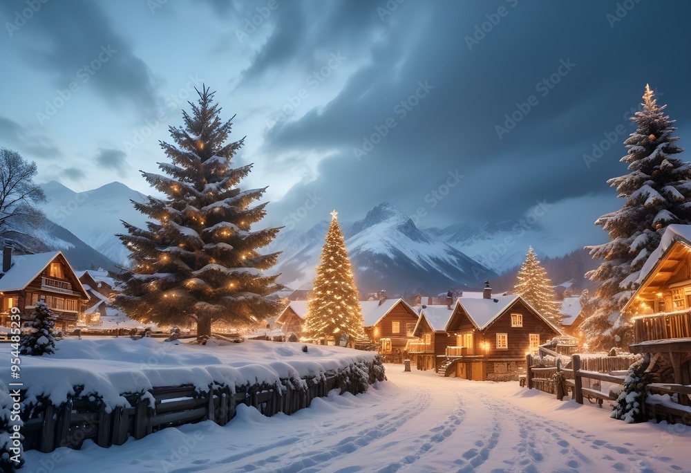 A snowy winter landscape with a large illuminated Christmas tree in the foreground, surrounded by small wooden houses with Christmas lights. A snowy winter landscape with a large illuminated Christmas tree in the foreground, surrounded by small wooden houses with Christmas lights.