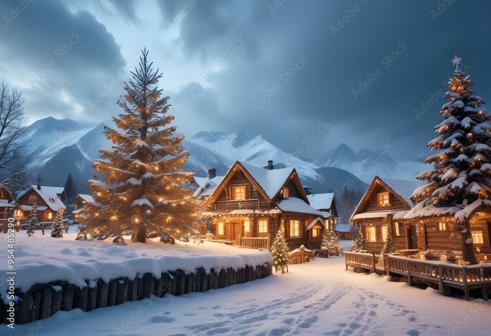 A snowy winter landscape with a large illuminated Christmas tree in the foreground, surrounded by small wooden houses with Christmas lights. A snowy winter landscape with a large illuminated Christmas tree in the foreground, surrounded by small wooden houses with Christmas lights.