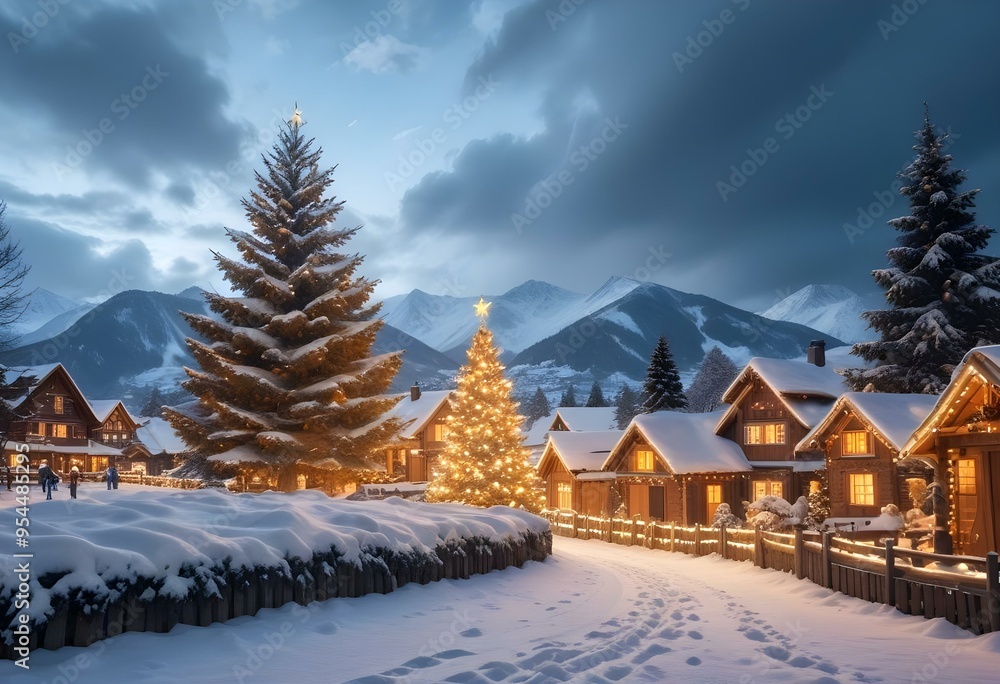 A snowy winter landscape with a large illuminated Christmas tree in the foreground, surrounded by small wooden houses with Christmas lights. A snowy winter landscape with a large illuminated Christmas tree in the foreground, surrounded by small wooden houses with Christmas lights.